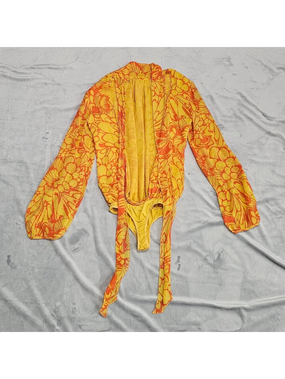 Marciano Guess Silk Yellow Orange Floral Bodysuit Long Sleeve Tie Waist S/P
